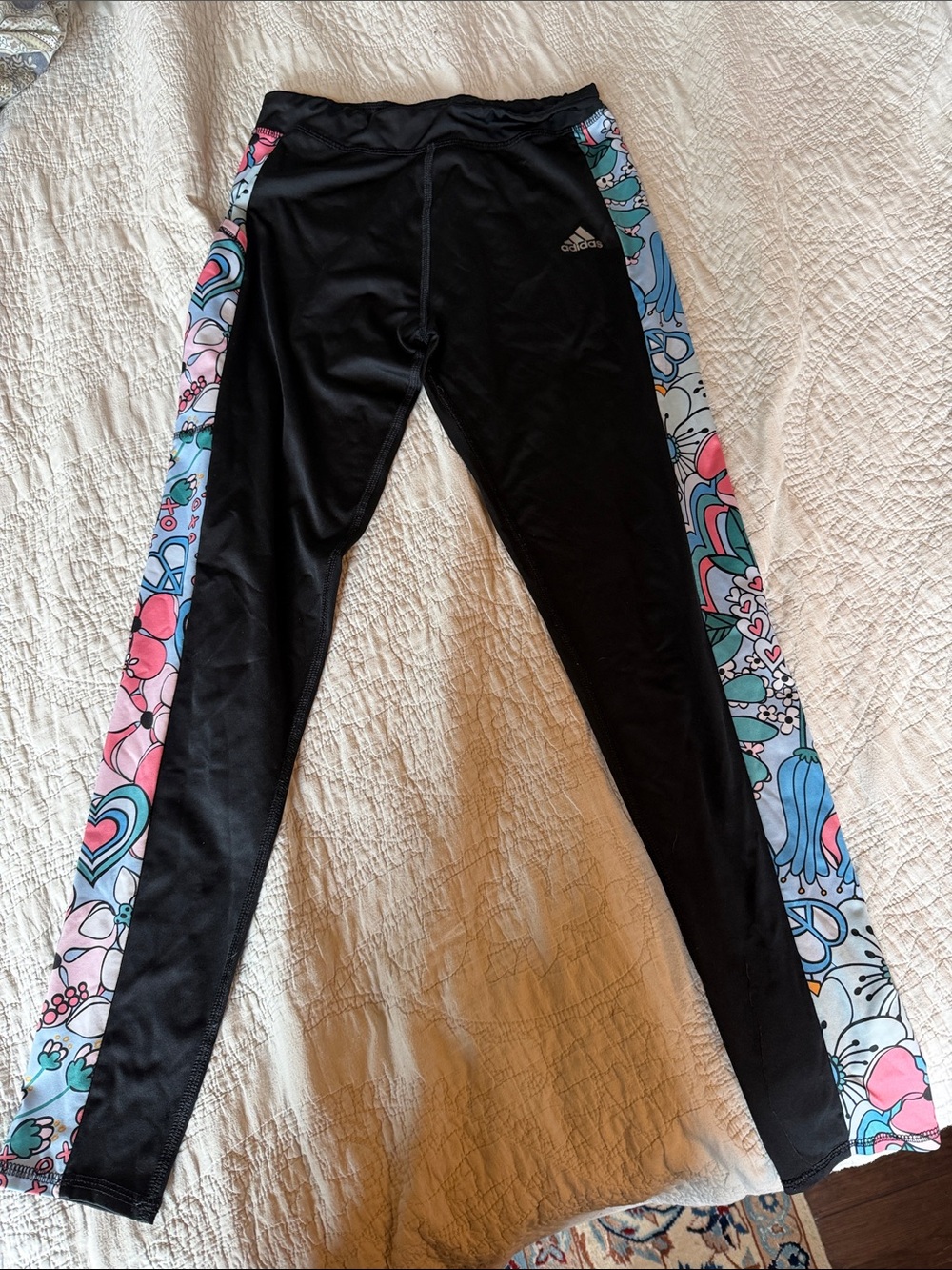 adidas Black Leggings with Pink & Blue Side Panels